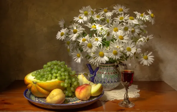 Wine, glass, chamomile, grapes, pear, still life, melon