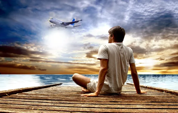 Sea, the sky, clouds, pier, guy, the plane