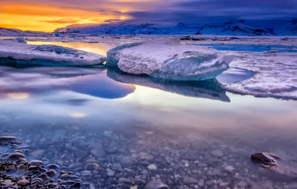 Cold, ice, winter, the sky, clouds, snow, sunset, mountains