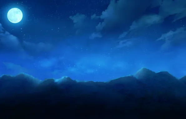 The sky, clouds, mountains, night, nature, the moon, anime, art