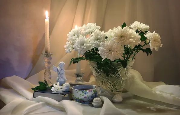 Tea, candle, angel, candy, still life, chrysanthemum