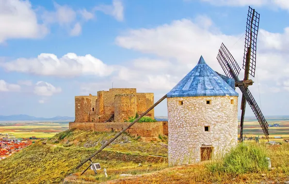 Picture the sky, clouds, castle, hills, tower, Spain, windmill