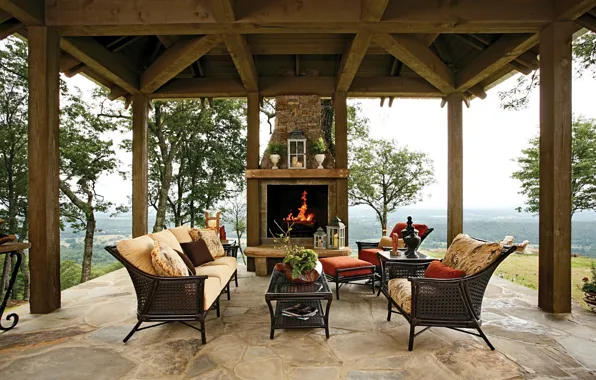 Picture sofa, interior, fireplace, gazebo, veranda