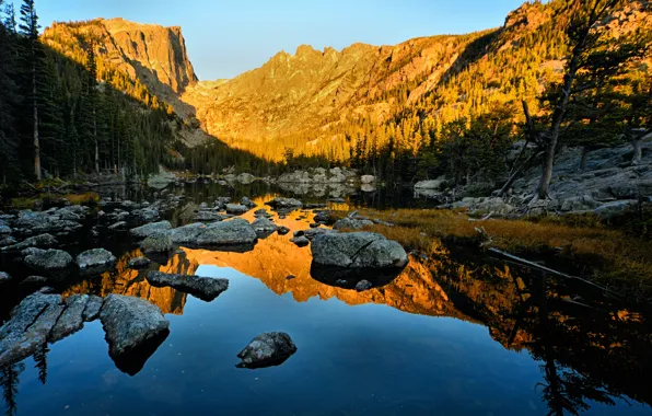 Picture the sky, trees, sunset, mountains, lake, stones, rocks