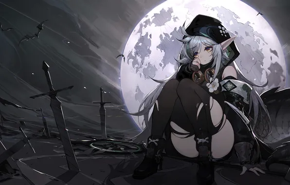 Girl, moon, sexy, thighhighs, long hair, legs, anime, night