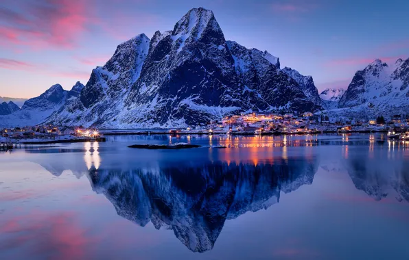 Winter, the sky, water, snow, mountains, lights, reflection, blue