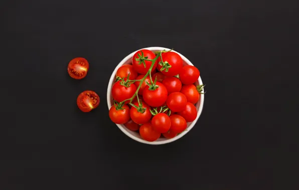 The dark background, red, bowl, vegetables, tomatoes