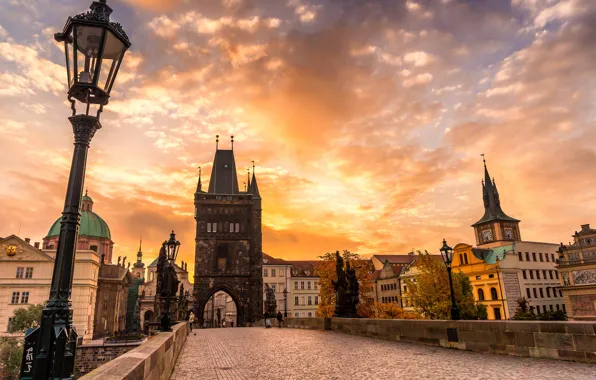 Autumn, the sky, clouds, sunset, bridge, the city, pavers, Prague