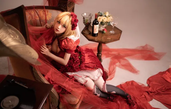 Picture table, wine, roses, chair, dress, Asian