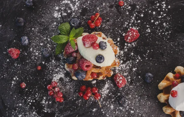 Picture berries, raspberry, food, blueberries, mint, cream, waffles, sweet