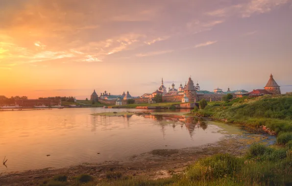 The sky, sunset, nature, river, shore, Church, Solovetsky monastery, Eduard Gordeev