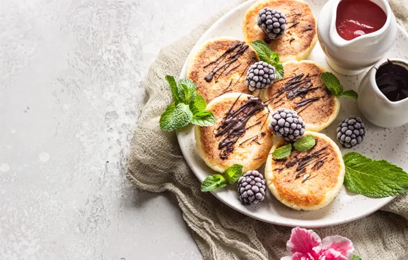 Picture berries, Breakfast, sauce, chocolate, cheesecakes, Valentina Maslova