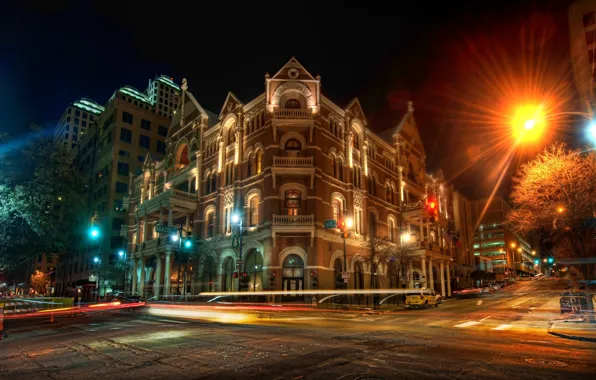 Picture road, night, lights, building, The Driskill at Night, austin