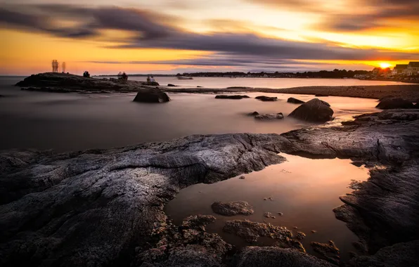 Beach, sunset, rock, stones, people, shore, the evening, houses