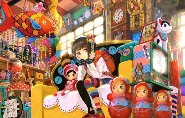 Picture sofa, toys, fish, fish, art, girl, backpack, sitting