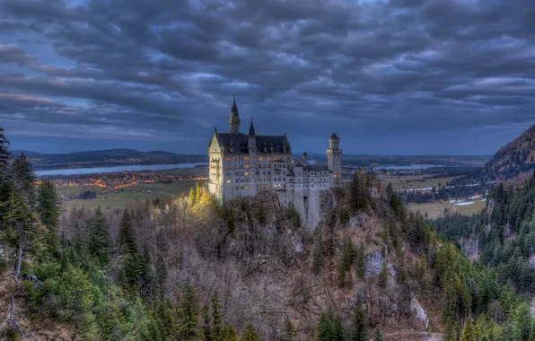 Winter, forest, the sky, clouds, the city, lights, HDR, morning