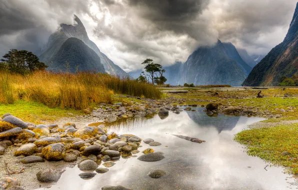 Autumn, grass, water, mountains, clouds, stones, New Zealand