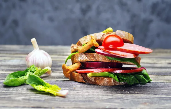 Greens, mushrooms, sandwich, sausage
