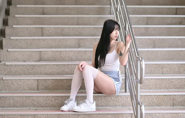 Girl, shorts, Mike, steps, legs, Asian, knee, sitting