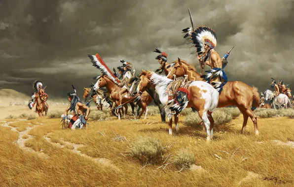 Picture Clouds, Grass, Picture, The Indians, Horse, Frank McCarthy, American artist, Watching the vans