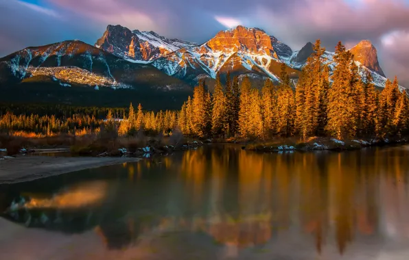 Picture winter, autumn, forest, clouds, light, snow, sunset, mountains