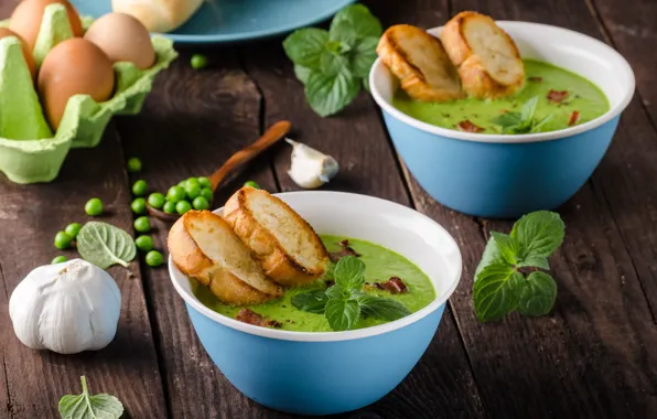 Eggs, peas, garlic, Basil, croutons, soup