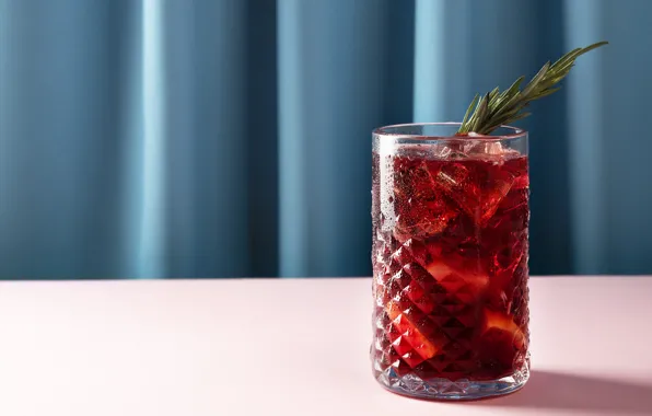 Red, glass, ice, cocktail, blue background