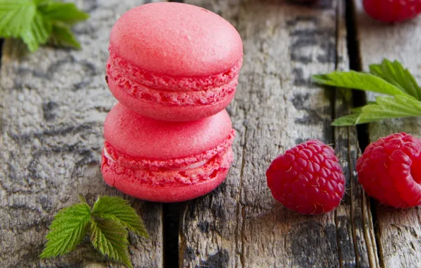 Picture raspberry, dessert, leaves, macaroon