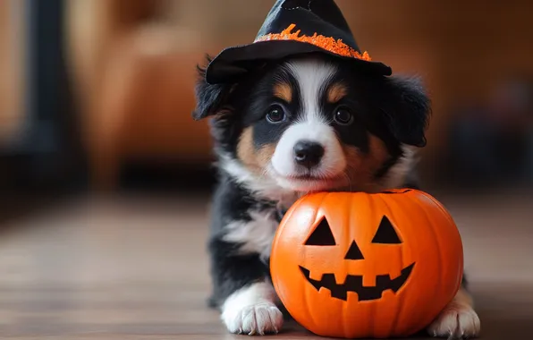 Autumn, smile, holiday, black and white, dog, hat, baby, puppy