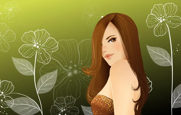 Picture girl, flowers, pattern, hair, figure