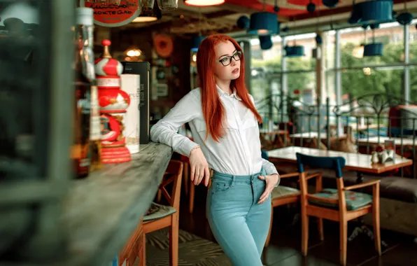Girl, pose, jeans, makeup, figure, glasses, hairstyle, blouse