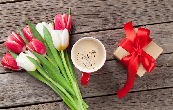 Flowers, gift, bouquet, tulips, red, love, white, wood