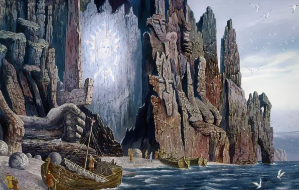 Sea, rock, open, seagulls, boats, sail, painting, Vsevolod Ivanov
