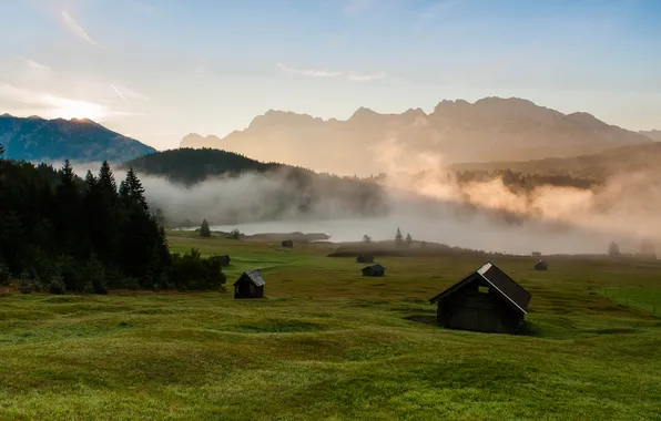 Field, forest, the sky, mountains, fog, the slopes, dal, morning