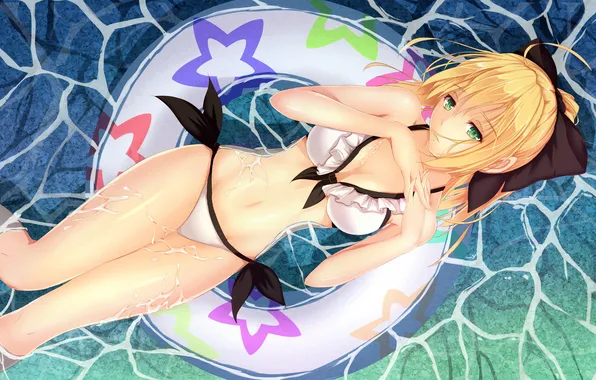 Girl, sexy, wet, Fate Stay Night, cleavage, beach, green eyes, legs