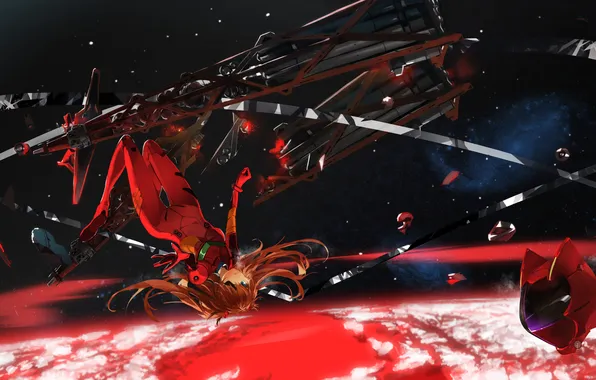 The sky, girl, drop, art, helmet, Neon Genesis Evangelion, soryu asuka langley, Saberiii