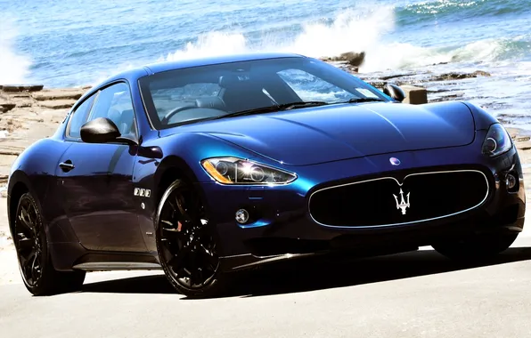 Picture wave, water, squirt, blue, shore, supercar, maserati, Maserati