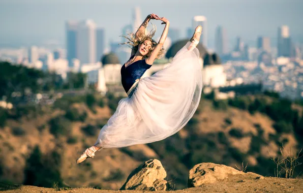 The city, jump, dress, ballerina, in the background, Pointe shoes, Beautiful ballet