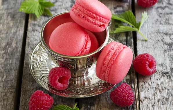 Picture raspberry, the sweetness, Cup, saucer, leaves, raspberry macaroon
