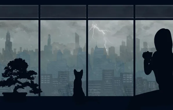 Cat, girl, the city, rain, by Aquelion