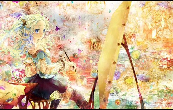 Leaves, fish, butterfly, fantasy, Girl, vase, brush, canvas