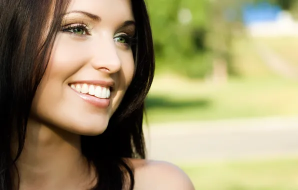 Picture summer, girl, nature, brunette, green eyes, blur, bokeh