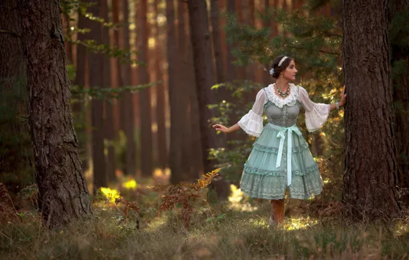 Picture forest, girl, trees, the situation, dress