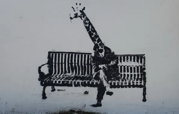 Picture bench, wall, graffiti, people, giraffe