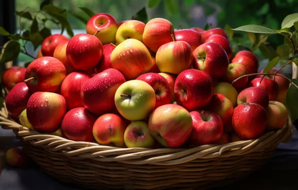Picture leaves, drops, yellow, red, basket, apples, harvest, a lot