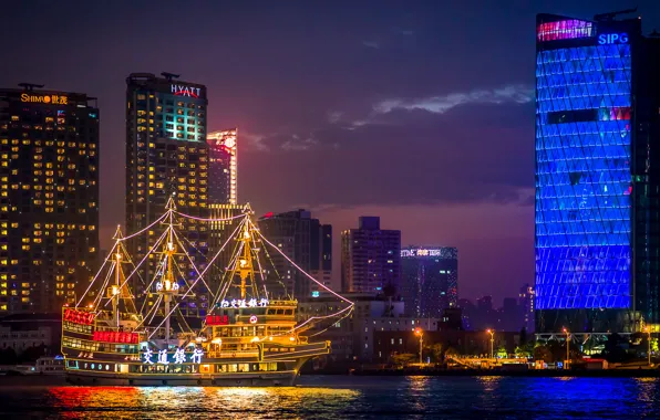 Night, reflection, building, boats, mirror, China, Shanghai, the Huangpu river