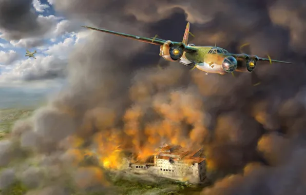 Picture bomber, war, art, airplane, painting, aviation, ww2, Martin B-26 Marauder