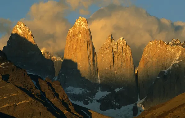 The sky, clouds, snow, sunset, mountains, top, peak