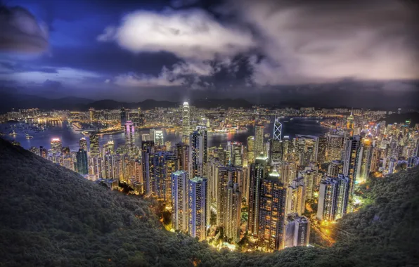 The sky, lights, Hong Kong, skyscrapers, valley
