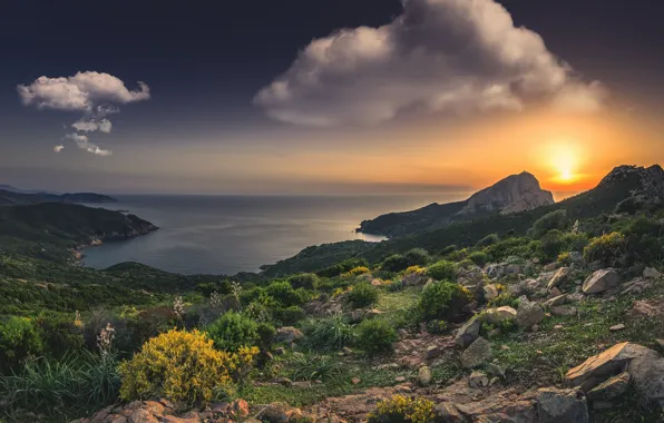 Sea, sunset, rocks, coast, France, France, Corsica, The Mediterranean sea